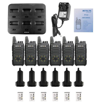 Retevis RT22S Mini Two Way Radio Walkie Talkie 6pcs + Six-Way Charger Ham Radios