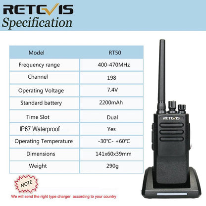 High Power Retevis RT50 DMR Digital Walkie Talkie 2PCS UHF IP67 WaterpHam Radios