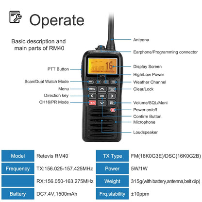 Retevis RM40 VHF Marine Radio IPX7 Waterproof Two Way Radio CommunicatHam Radios