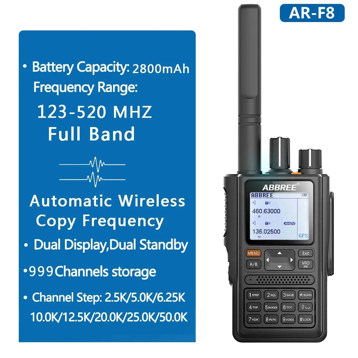 ABBREE AR-F8 Wireless copy frequency with 999CH GPS123-520mhz full banHappy RadiosABBREE AR-F8 Wireless copy frequency