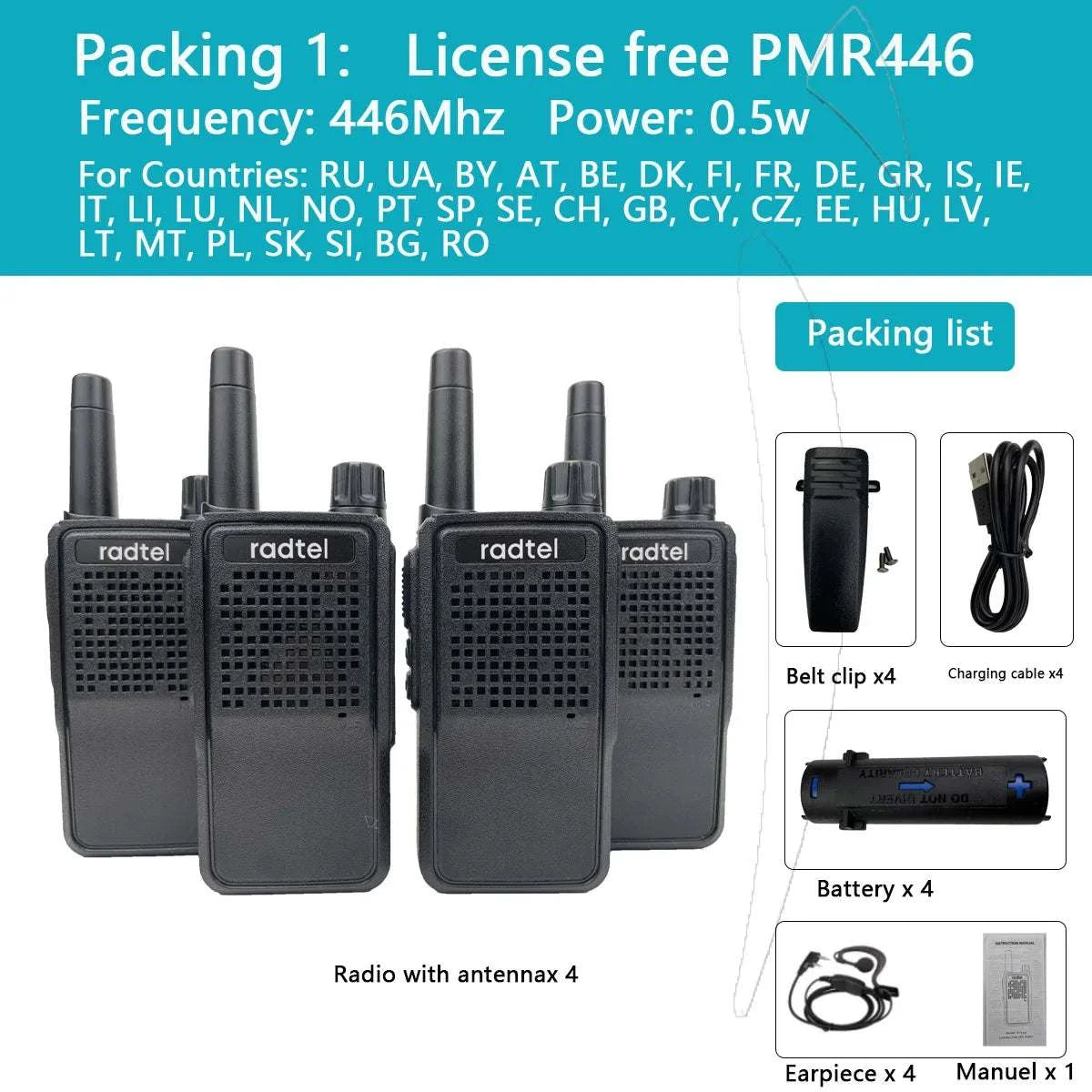 4 pcs Walkie Talkie Radtel RT518 22CH Two Way Radio PMR  FRS Radio ComHappy Radios4 pcs Walkie Talkie Radtel RT518 22CH