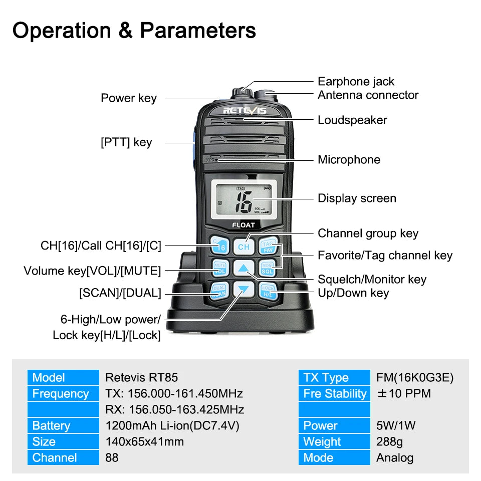 RETEVIS VHF Marine Radio RT55 Professional Float Walkie Talkie WaterprHam Radios