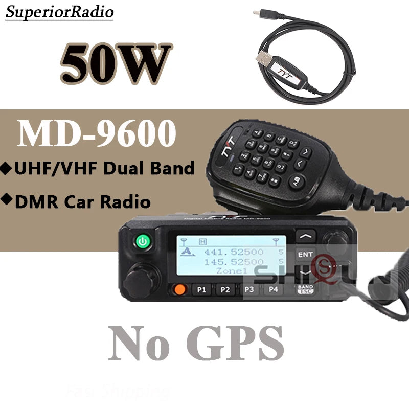 TYT MD-9600 DMR Digital Car Mobile Radio GPS 50W Dual Band 136-174MHz Ham Radios