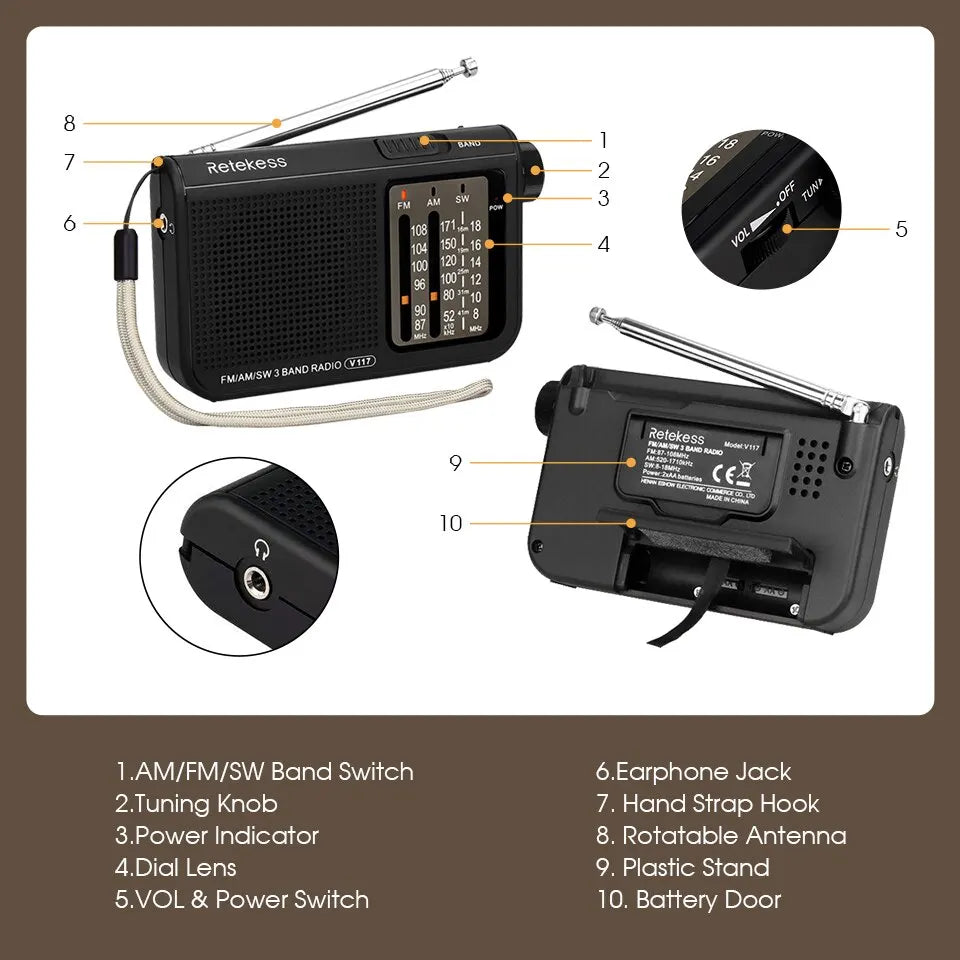 Retekess V117 Analog AM FM Radios ABS Material Shortwave Radio with TeHam Radios