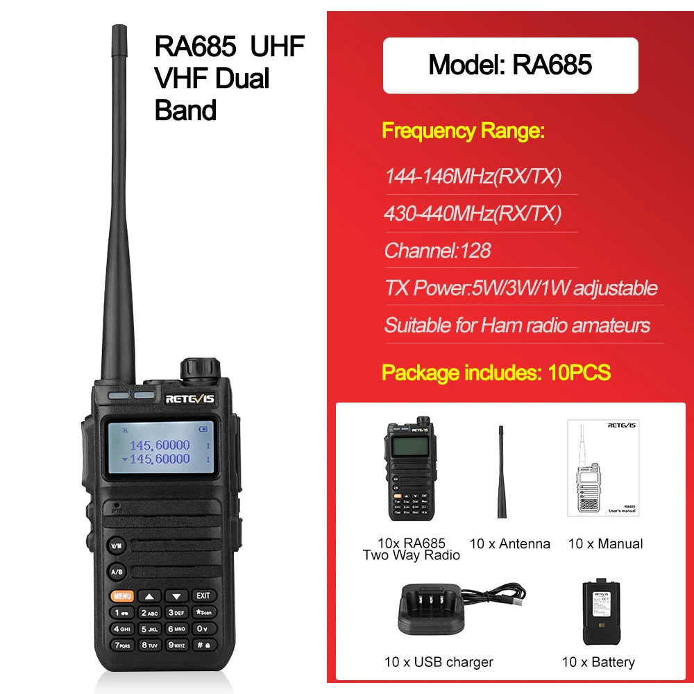 Retevis RA685 10 pcs Walkie Talkie Ham Two-way Radio Station Long RangHappy RadiosRetevis RA685 10 pcs Walkie Talkie Ham