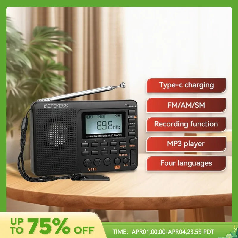 RETEKESS V115 Radio FM AM SW Portable Radios Rechargeable Shortwave RaHam Radios