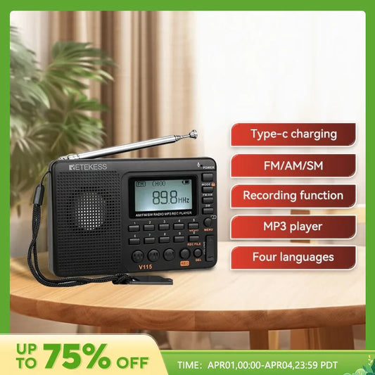 RETEKESS V115 Radio FM AM SW Portable Radios Rechargeable Shortwave RaHam Radios