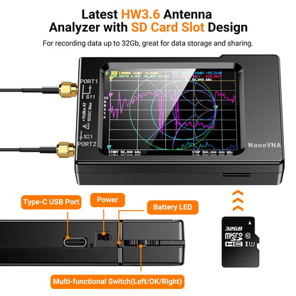 NanoVNA-H Vector Network Antenna Analyzer 10KHz-1.5GHz MF HF VHF UHF W/ Shell SD Card Slot Supprt 32G Digital Nano VNA-H Tester