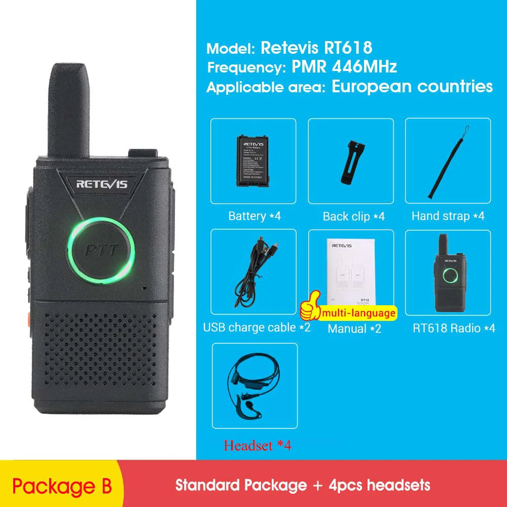 RETEVIS RT618 Rechargeable Walkie Talkie 4pcs PMR Radio PMR446 RT18 FRHam Radios