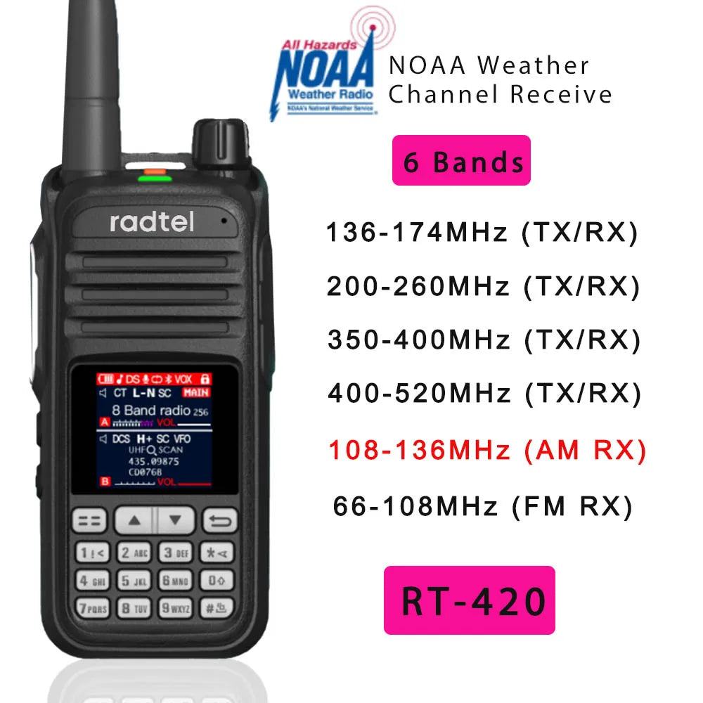 Radtel RT-420 6 Bands Amateur Ham Two Way Radio 256CH Air Band Walkie Happy RadiosRadtel RT-420 6 Bands Amateur Ham