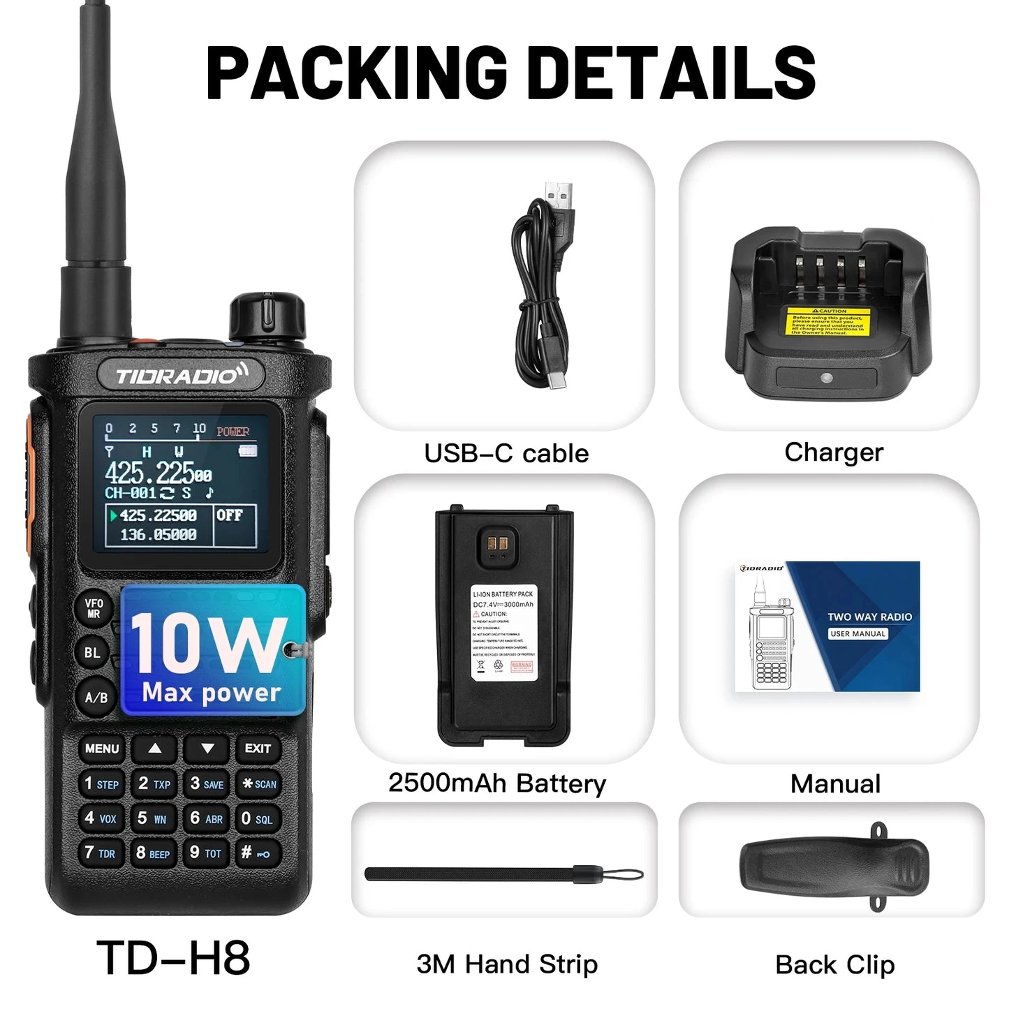 TIDRADIO TD H8 10W Profession Walkie Talkie Long Range  emergency radio HAM FM Portable Two Way Radio Receiver Wireless Set