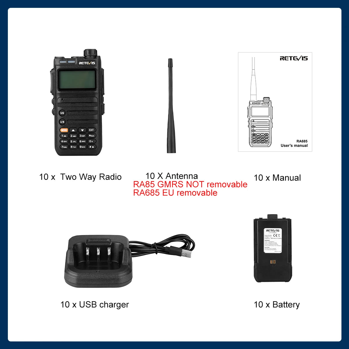 Retevis RA685 10 pcs Walkie Talkie Ham Two-way Radio Station Long RangHappy RadiosRetevis RA685 10 pcs Walkie Talkie Ham